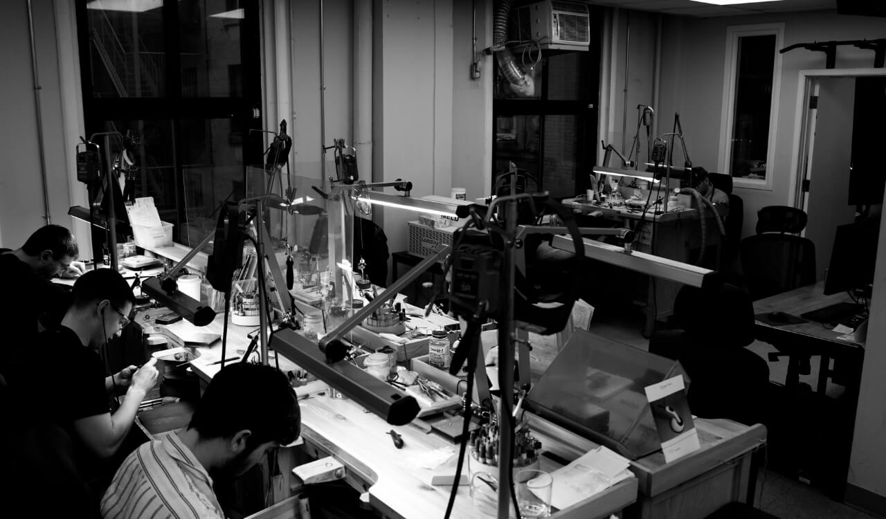 A black and white photo of the Jewellers District workshop, where our master jewellers create Canadian-made fine jewelry.