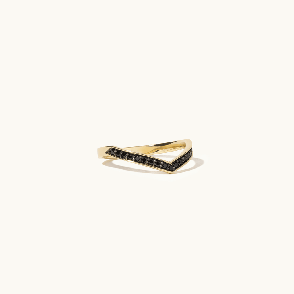 Face view of Jewellers District's V-Shaped Gold Ring With Black Spinels in 14k Yellow Gold