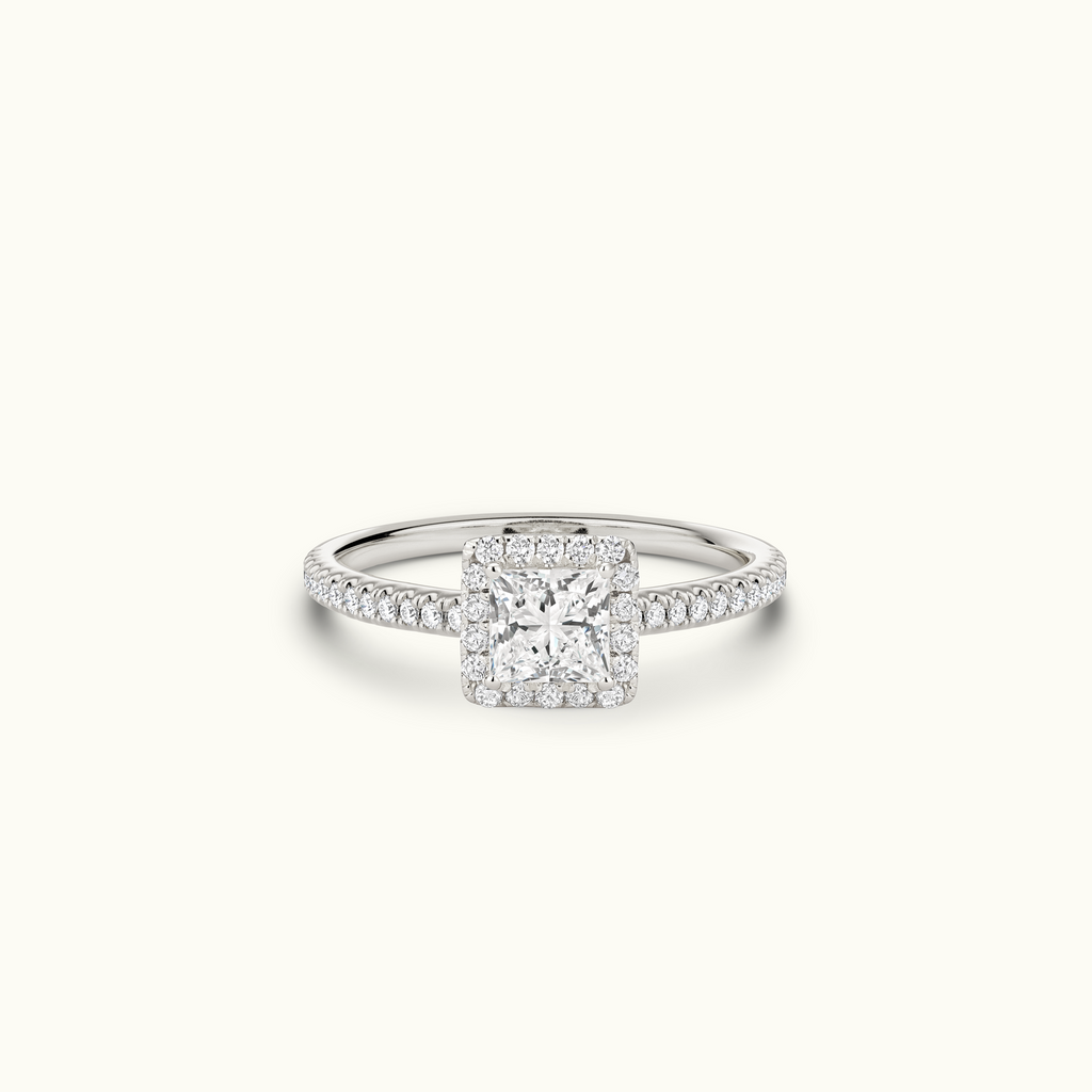 Jewellers District's Diamond Halo Engagement Ring in 14k White Gold, Princess