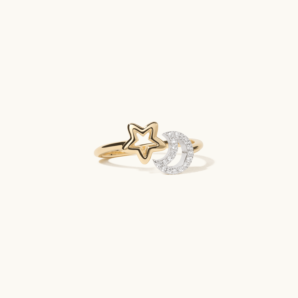 Face view of Jewellers District's Moon and Star Wrap Around Ring with Accent Diamonds in 14k Yellow Gold