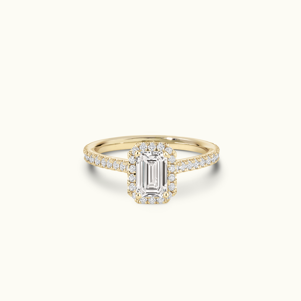 Jewellers District's Cathedral-Setting Diamond Halo Engagement Ring with Diamond Band in 14k Yellow Gold, Emerald