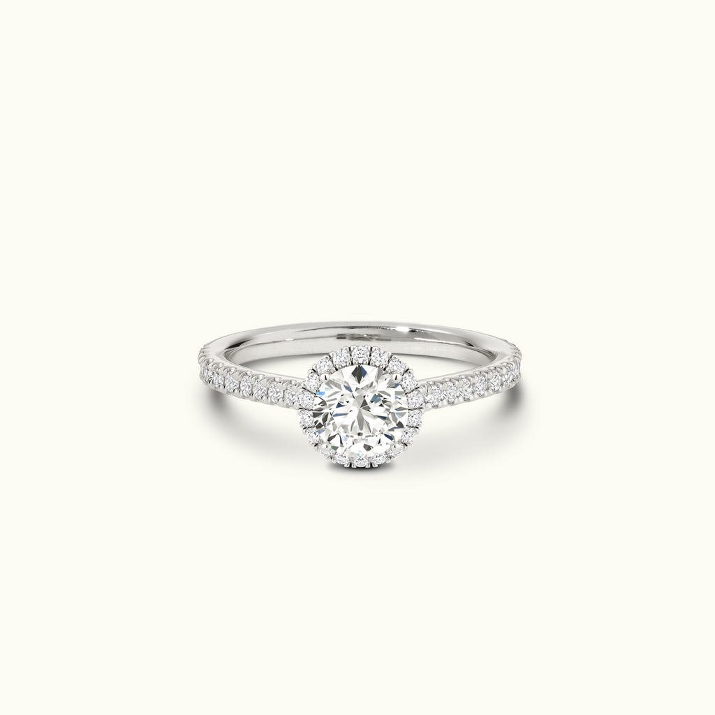 Jewellers District's Cathedral-Setting Diamond Halo Engagement Ring with Diamond Band in 14k White Gold, Round