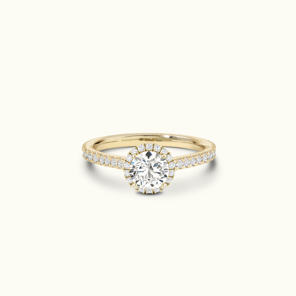 Jewellers District's Cathedral-Setting Diamond Halo Engagement Ring with Diamond Band in 14k Yellow Gold, Round