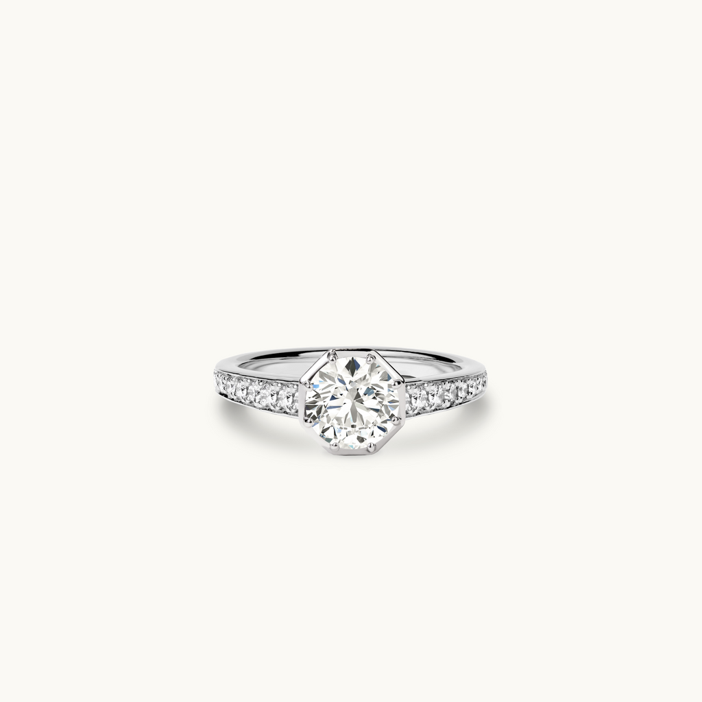 Jewellers District's Cathedral-Setting Diamond Engagement Ring with Diamond Pavé in 14k White Gold, Round