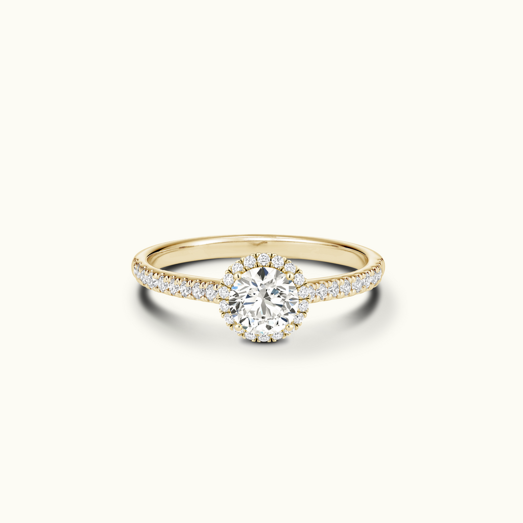 Jewellers District's Diamond Halo Engagement Ring with Diamond Bridge in 14k Yellow Gold, Round