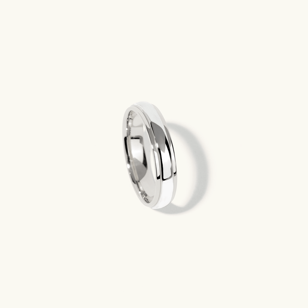 Profile view of Jewellers District's Two-Tone Beveled Wedding Ring in 14k White Gold, Band: 5mm