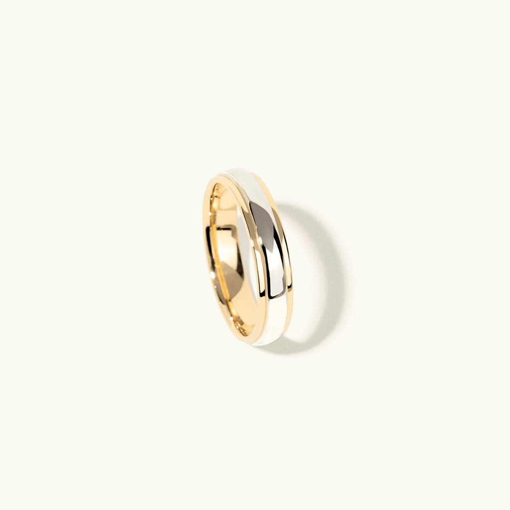 Profile view of Jewellers District's Two-Tone Beveled Wedding Ring in 14k Yellow Gold, Band: 5mm