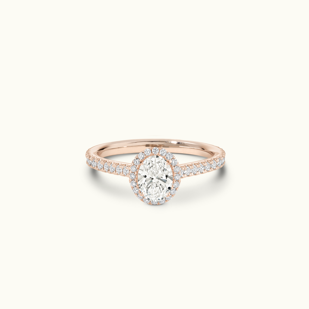 Jewellers District's Cathedral-Setting Diamond Halo Engagement Ring with Diamond Band in 14k Rose Gold, Oval