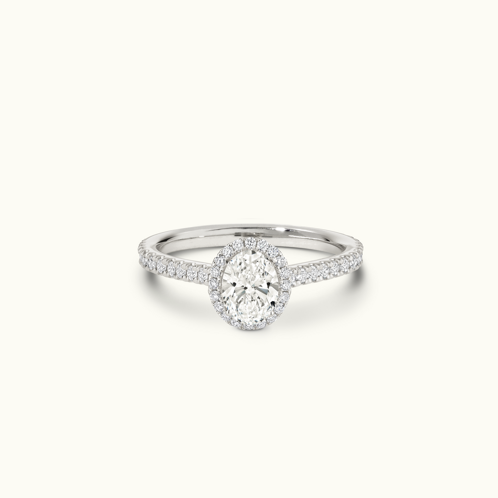 Jewellers District's Cathedral-Setting Diamond Halo Engagement Ring with Diamond Band in 14k White Gold, Oval