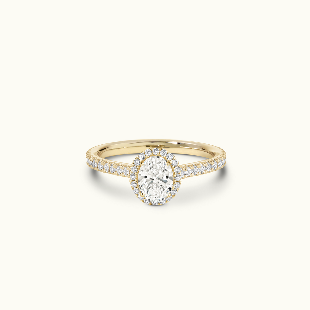 Jewellers District's Cathedral-Setting Diamond Halo Engagement Ring with Diamond Band in 14k Yellow Gold, Oval