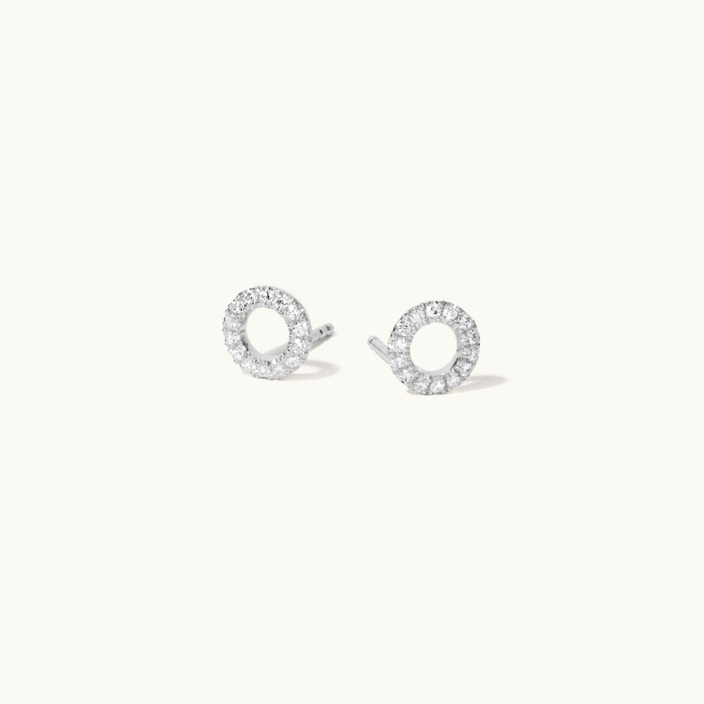 Angled view of Jewellers District's Open-Circle Diamond Pavé Studs in 14k White Gold