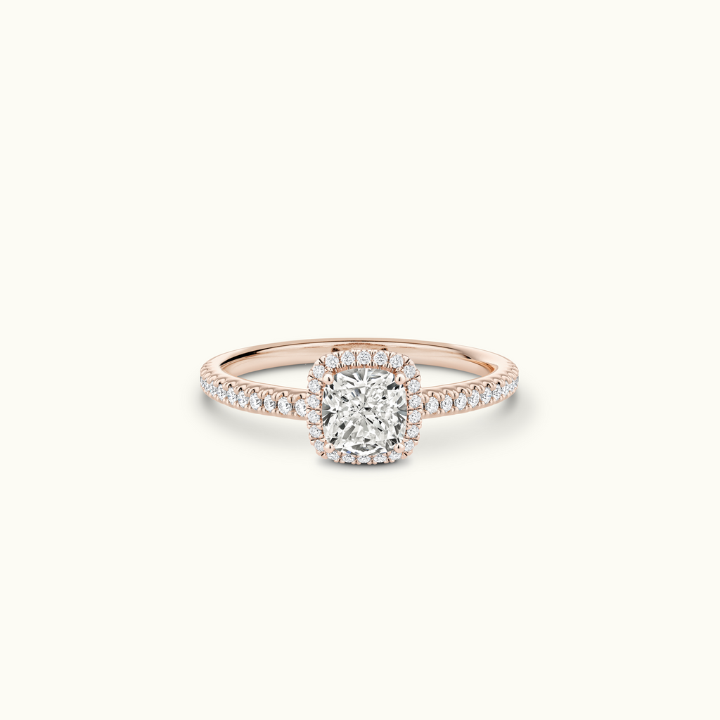 Jewellers District's Diamond Halo Engagement Ring in 14k Rose Gold, Cushion