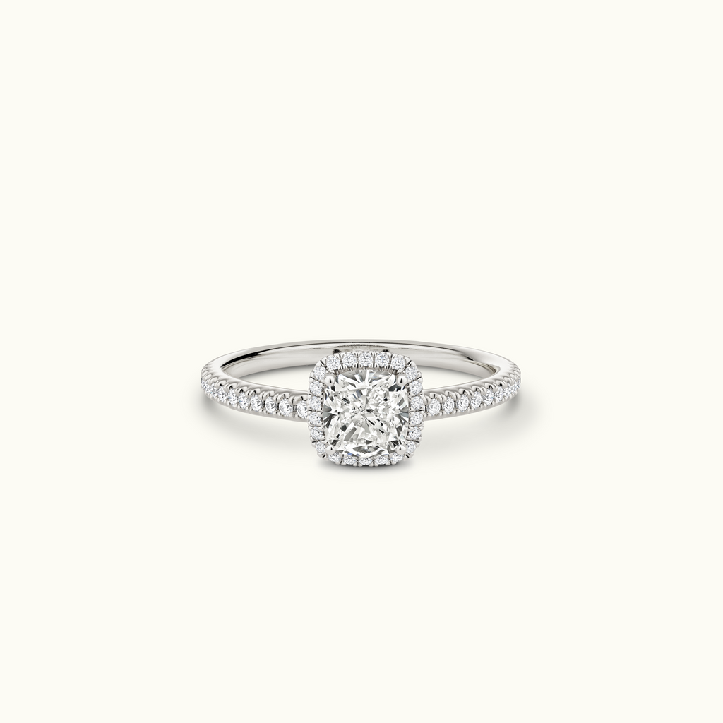 Jewellers District's Diamond Halo Engagement Ring in 14k White Gold, Cushion