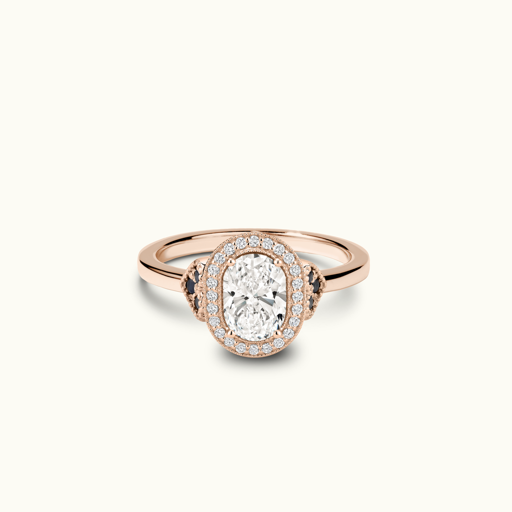 Jewellers District's Diamond Halo Engagement Ring with Side Diamonds and Milgrain in 14k Rose Gold, Oval