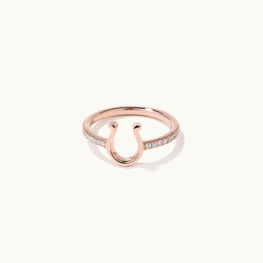 Face view of Jewellers District's Horseshoe Gold Ring with Diamond Band in 14k Rose Gold