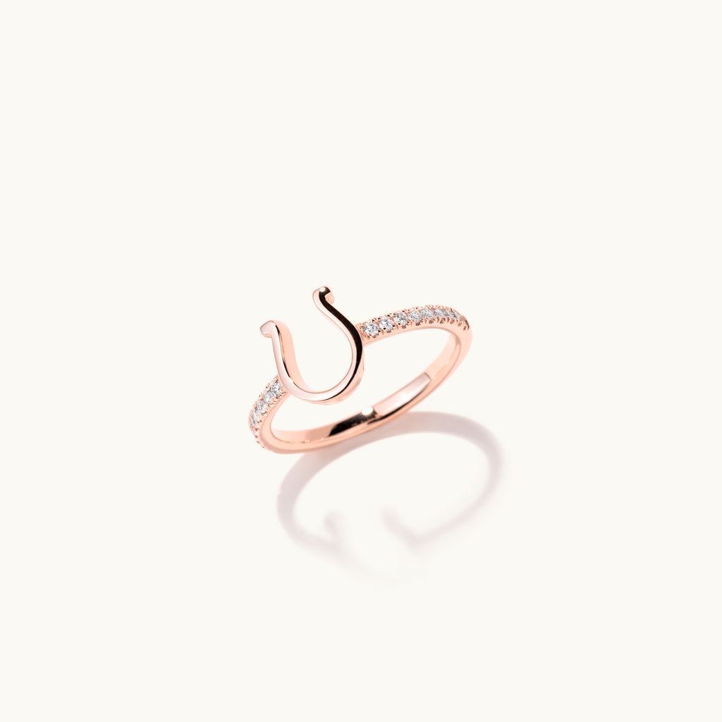 Standing view of Jewellers District's Horseshoe Gold Ring with Diamond Band in 14k Rose Gold