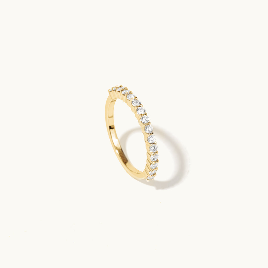 Standing view of Jewellers District's Prong-Setting Diamond Pavé Wedding Ring in 14k Yellow Gold, Stones: 1.8mm (0.35+ ctw) | Band: 2mm