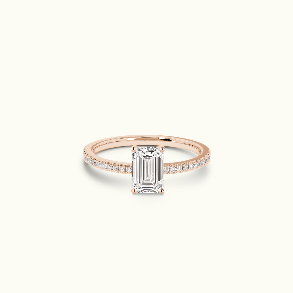 Jewellers District's Diamond Engagement Ring with Castle Setting in 14k Rose Gold, Emerald