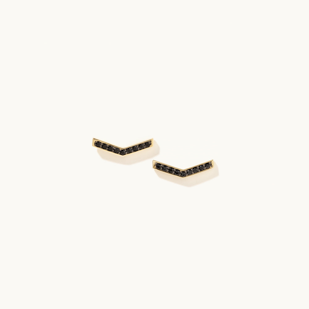 Face view of Jewellers District's V-Shaped Stud Earrings with Accent Black Spinels in 14k Yellow Gold