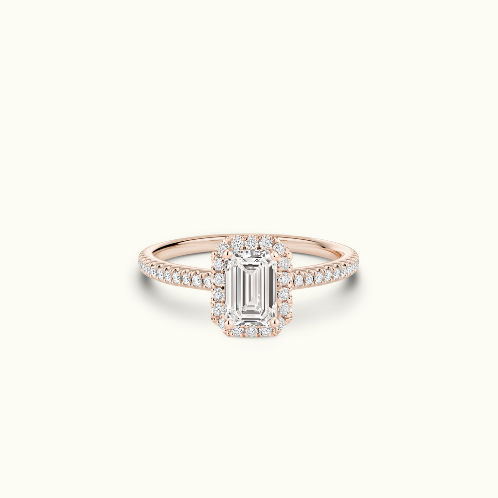 Jewellers District's Diamond Halo Engagement Ring in 14k Rose Gold, Emerald