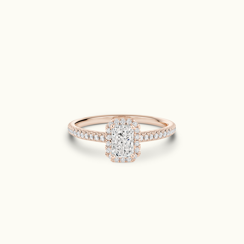 Jewellers District's Diamond Halo Engagement Ring in 14k Rose Gold, Radiant