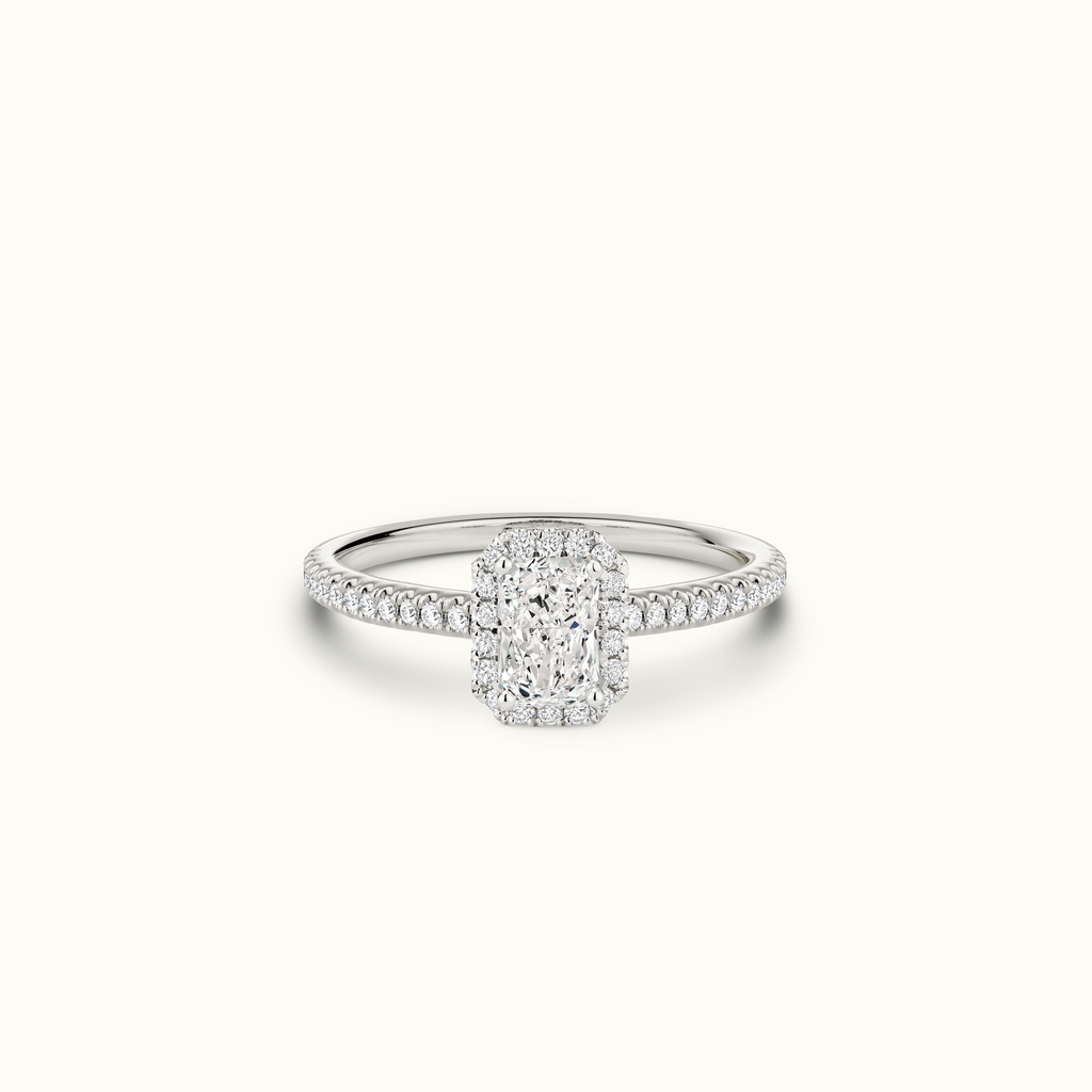 Jewellers District's Diamond Halo Engagement Ring in 14k White Gold, Radiant