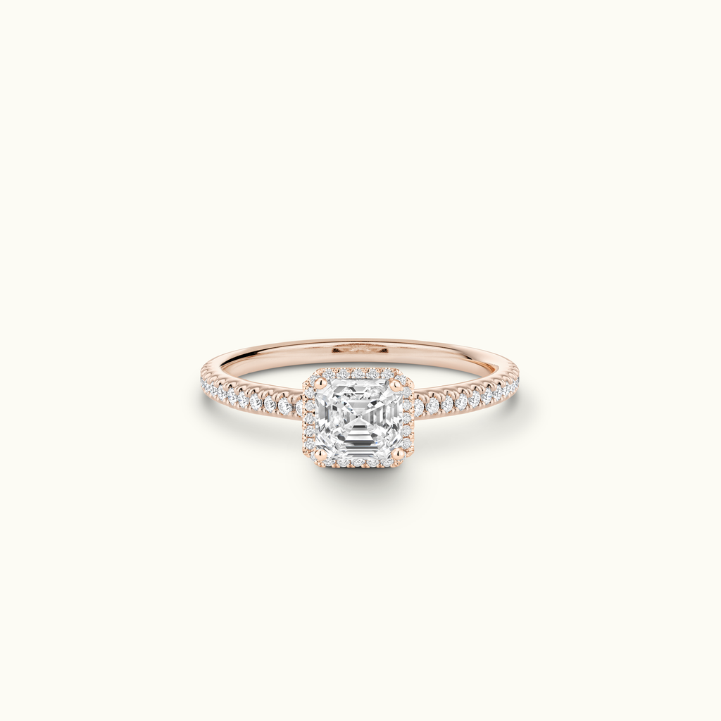 Jewellers District's Diamond Halo Engagement Ring in 14k Rose Gold, Asscher