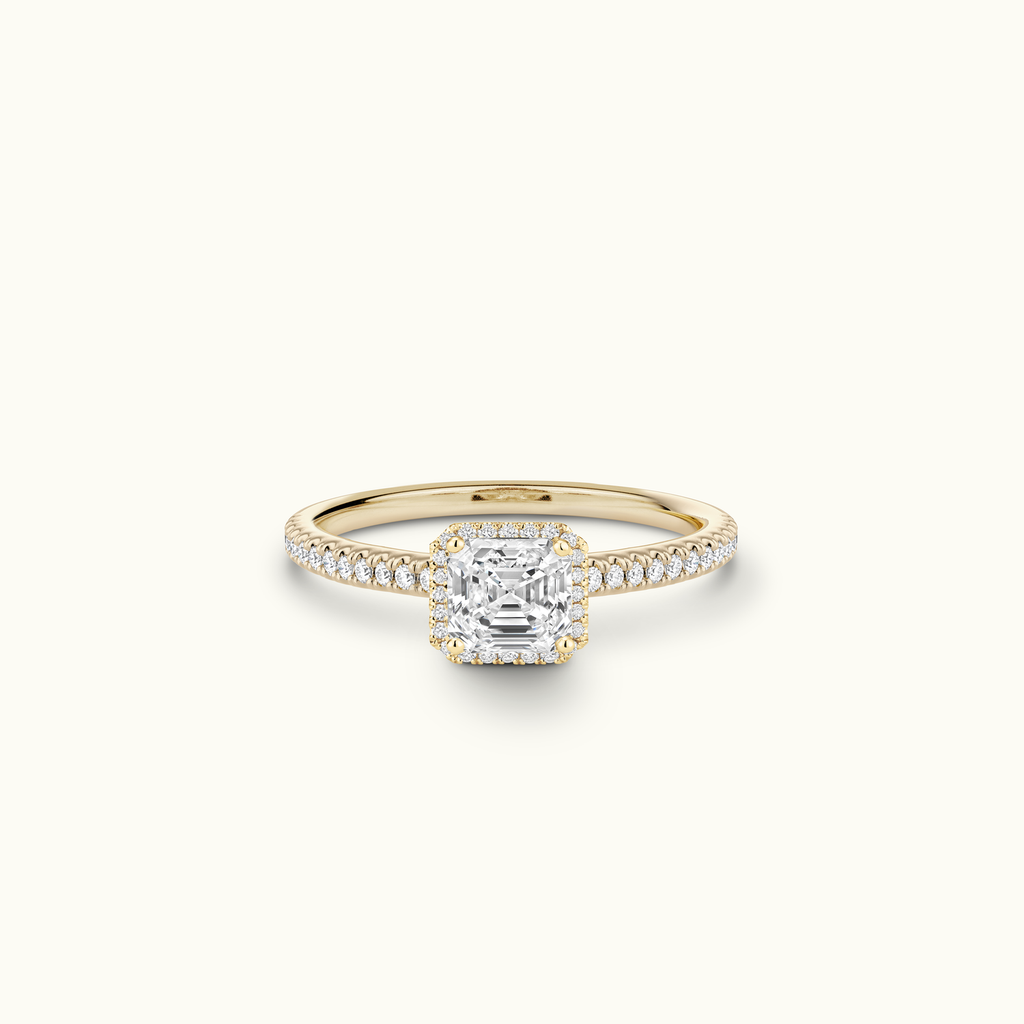 Jewellers District's Diamond Halo Engagement Ring in 14k Yellow Gold, Asscher