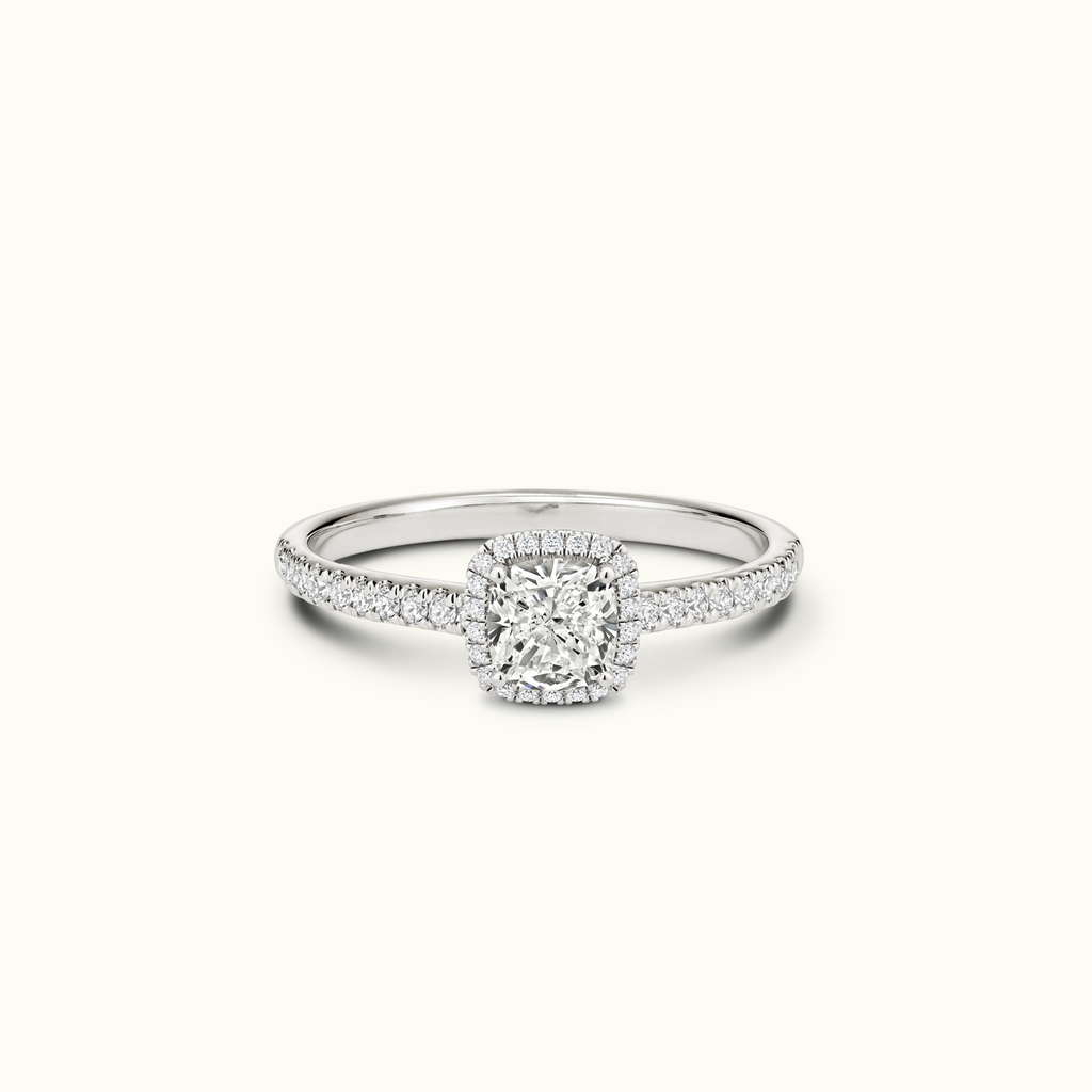 Jewellers District's Diamond Halo Engagement Ring with Diamond Bridge in 14k White Gold, Cushion