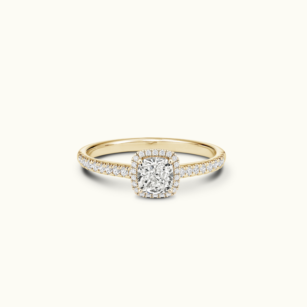 Jewellers District's Diamond Halo Engagement Ring with Diamond Bridge in 14k Yellow Gold, Cushion