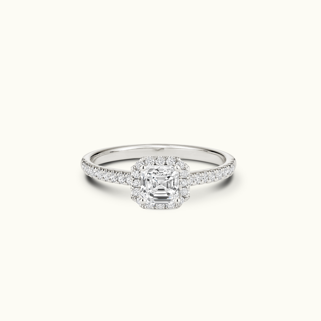 Jewellers District's Diamond Halo Engagement Ring with Diamond Bridge in 14k White Gold, Asscher