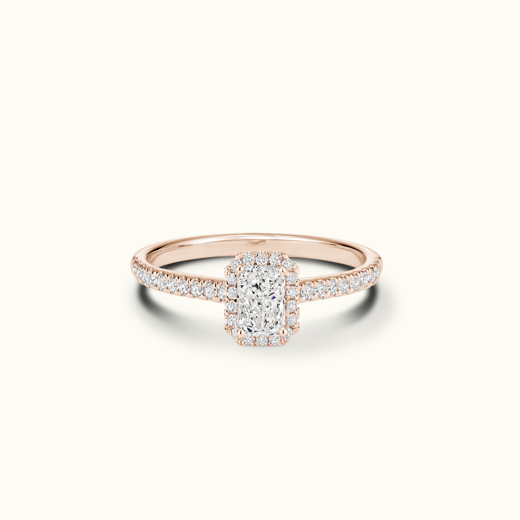 Jewellers District's Diamond Halo Engagement Ring with Diamond Bridge in 14k Rose Gold, Radiant