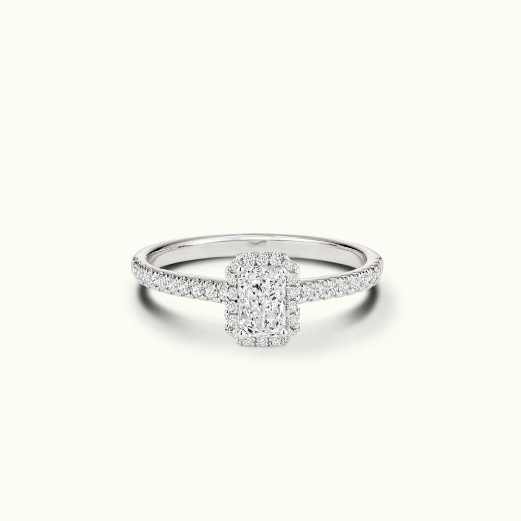 Jewellers District's Diamond Halo Engagement Ring with Diamond Bridge in 14k White Gold, Radiant