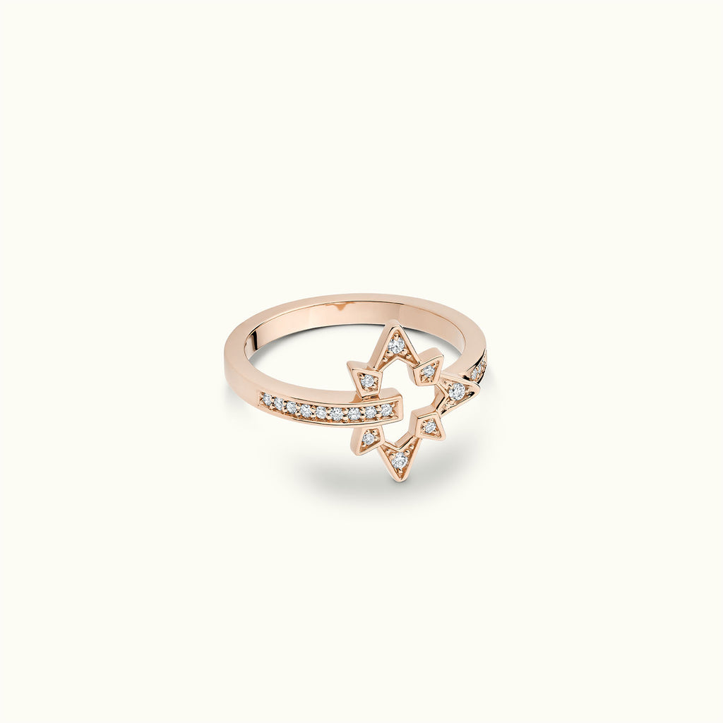 Angled view of Jewellers District's North Star Diamond Pavé Ring in 14k Rose Gold