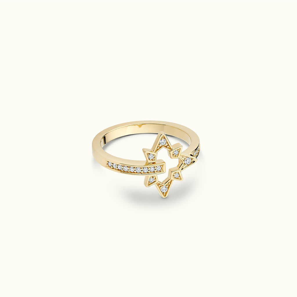 Angled view of Jewellers District's North Star Diamond Pavé Ring in 14k Yellow Gold