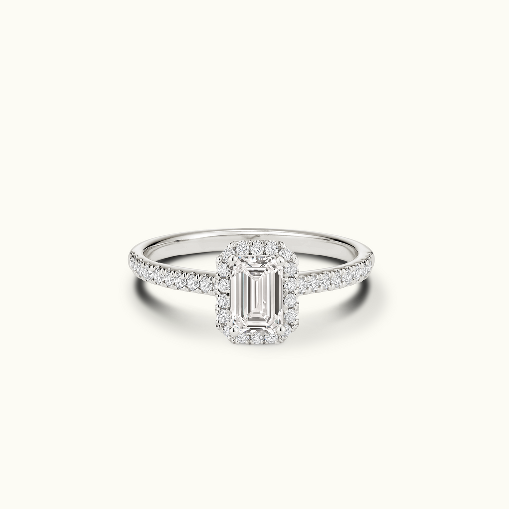 Jewellers District's Diamond Halo Engagement Ring with Diamond Bridge in 14k White Gold, Emerald