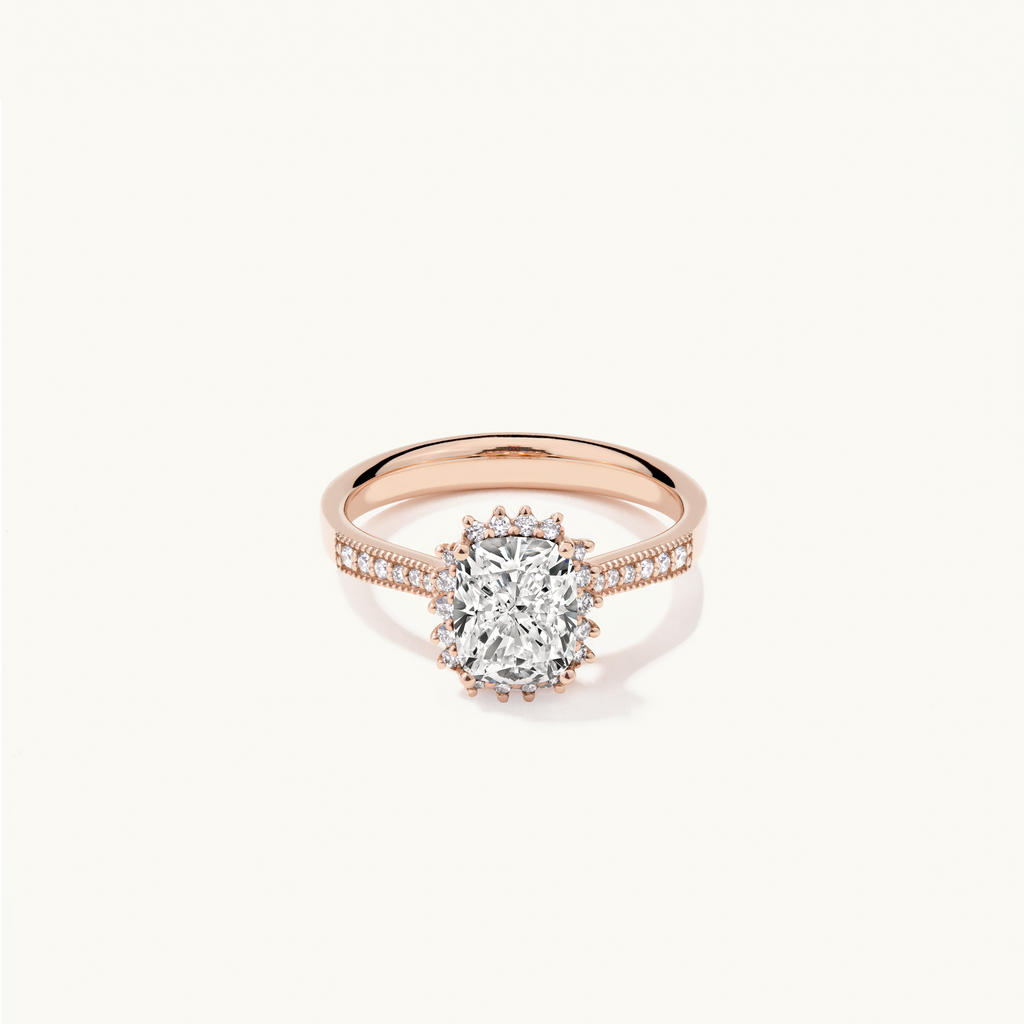 Jewellers District's Diamond Halo Engagement Ring with Milgrain in 14k Rose Gold, Cushion