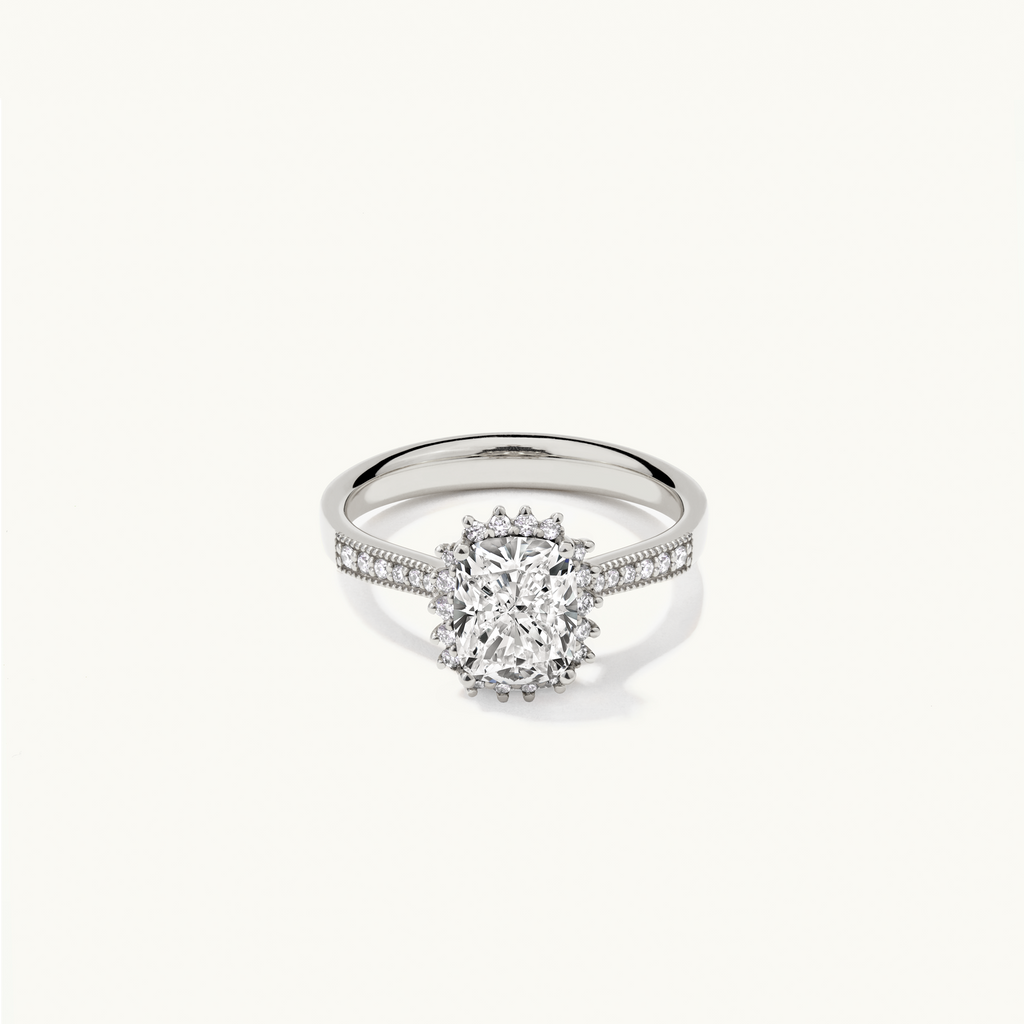 Jewellers District's Diamond Halo Engagement Ring with Milgrain in 14k White Gold, Cushion