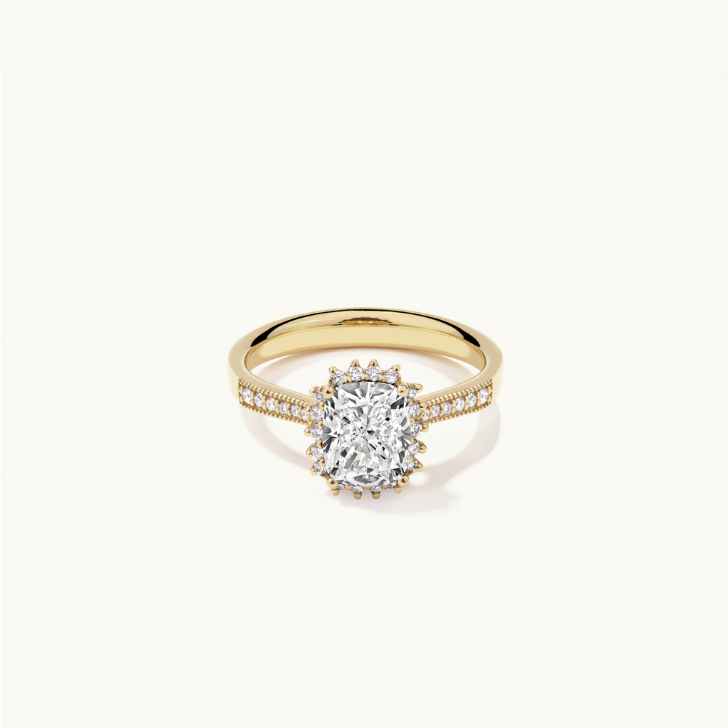 Jewellers District's Diamond Halo Engagement Ring with Milgrain in 14k Yellow Gold, Cushion