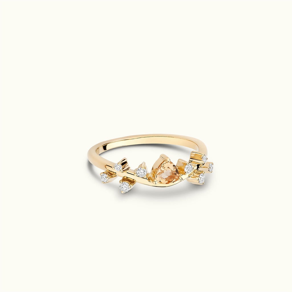 Angled view of Jewellers District's Cluster Imperial Topaz Ring with Accent Diamonds in 14k Yellow Gold