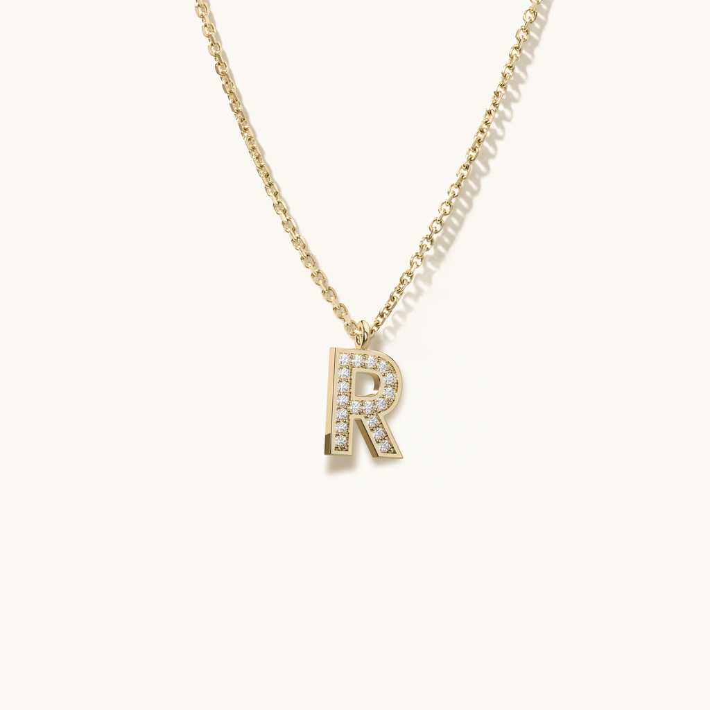 Jewellers District's Initial Diamond Pavé Necklace : R in 14k Yellow Gold