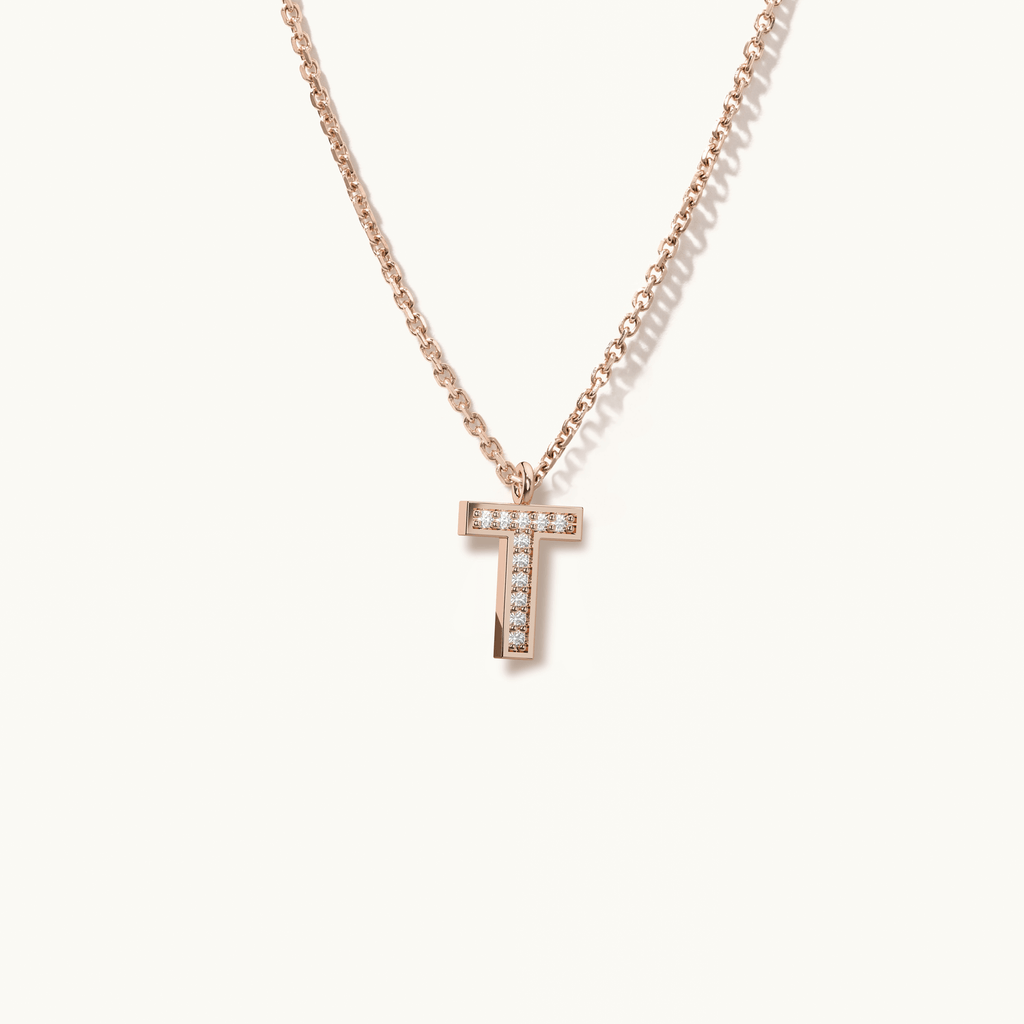 Jewellers District's Initial Diamond Pavé Necklace : T in 14k Rose Gold