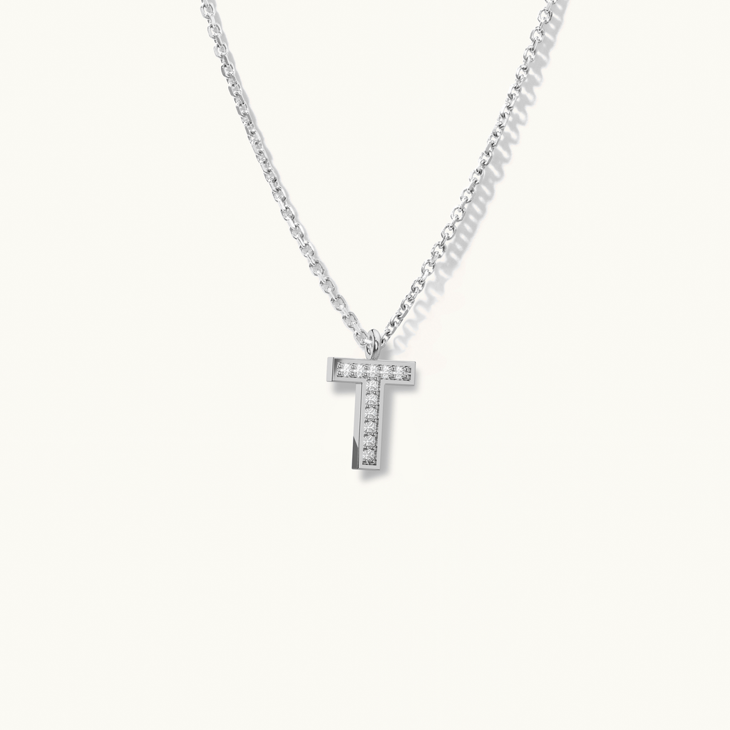 Jewellers District's Initial Diamond Pavé Necklace : T in 14k White Gold