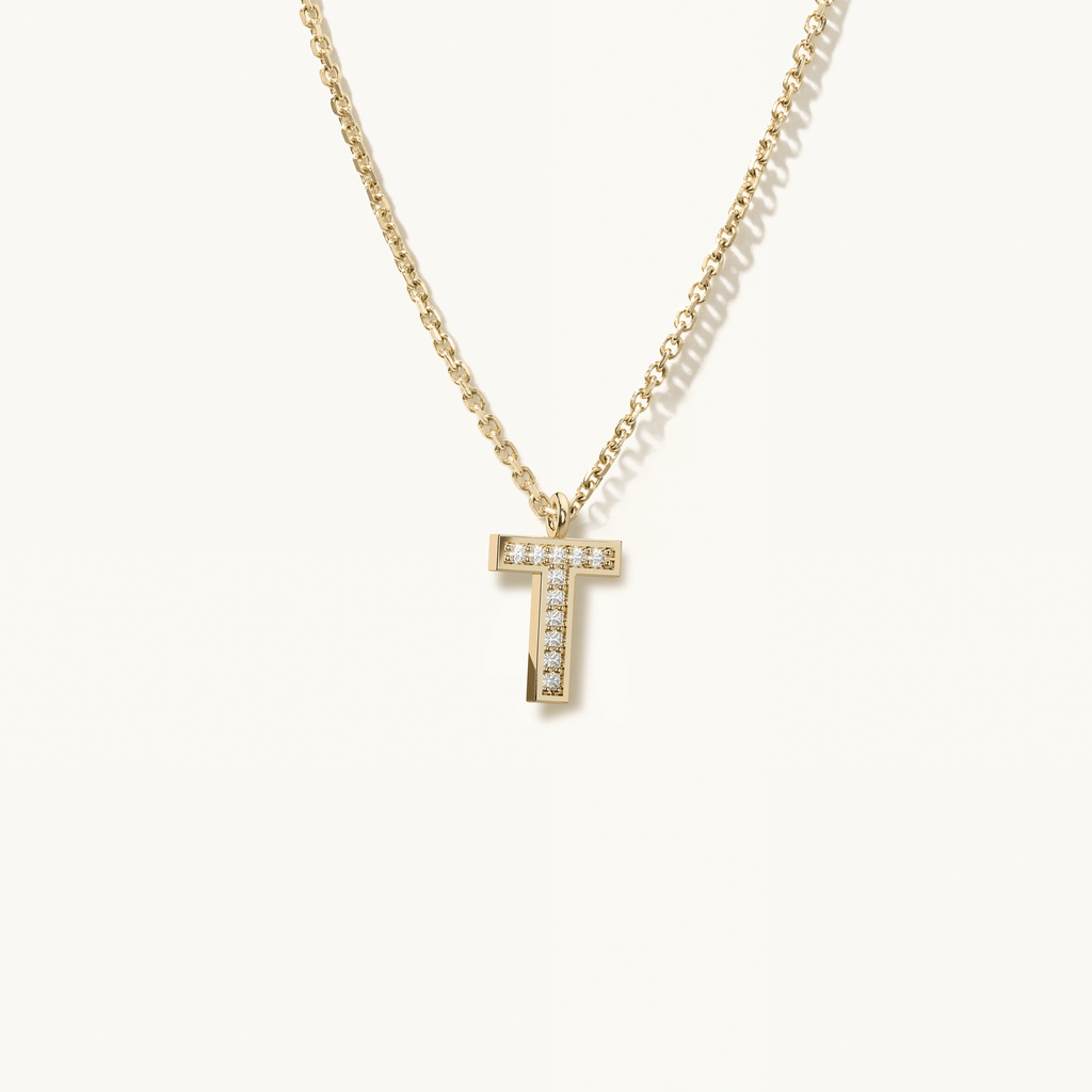 Jewellers District's Initial Diamond Pavé Necklace : T in 14k Yellow Gold