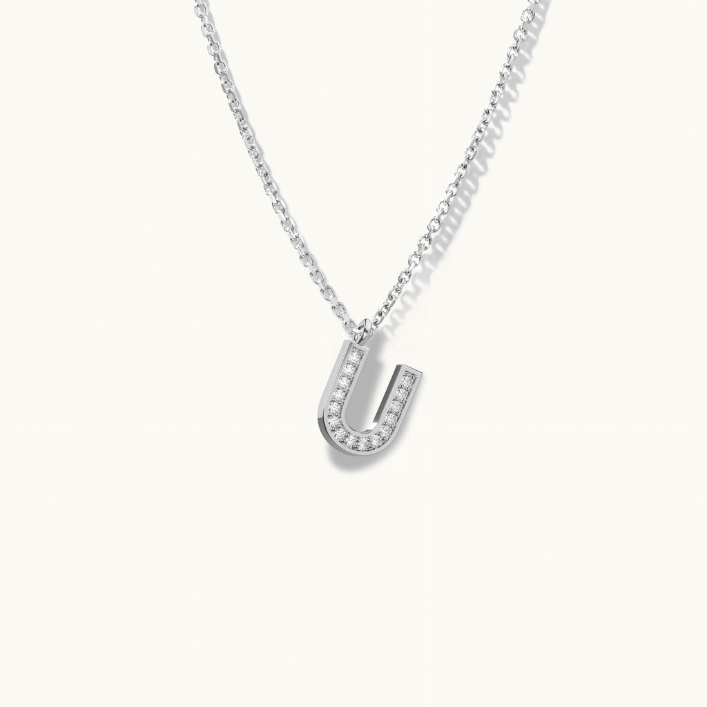 Jewellers District's Initial Diamond Pavé Necklace : U in 14k White Gold