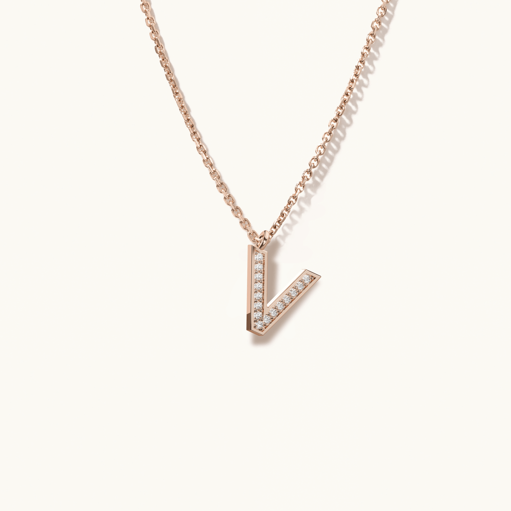 Jewellers District's Initial Diamond Pavé Necklace : V in 14k Rose Gold