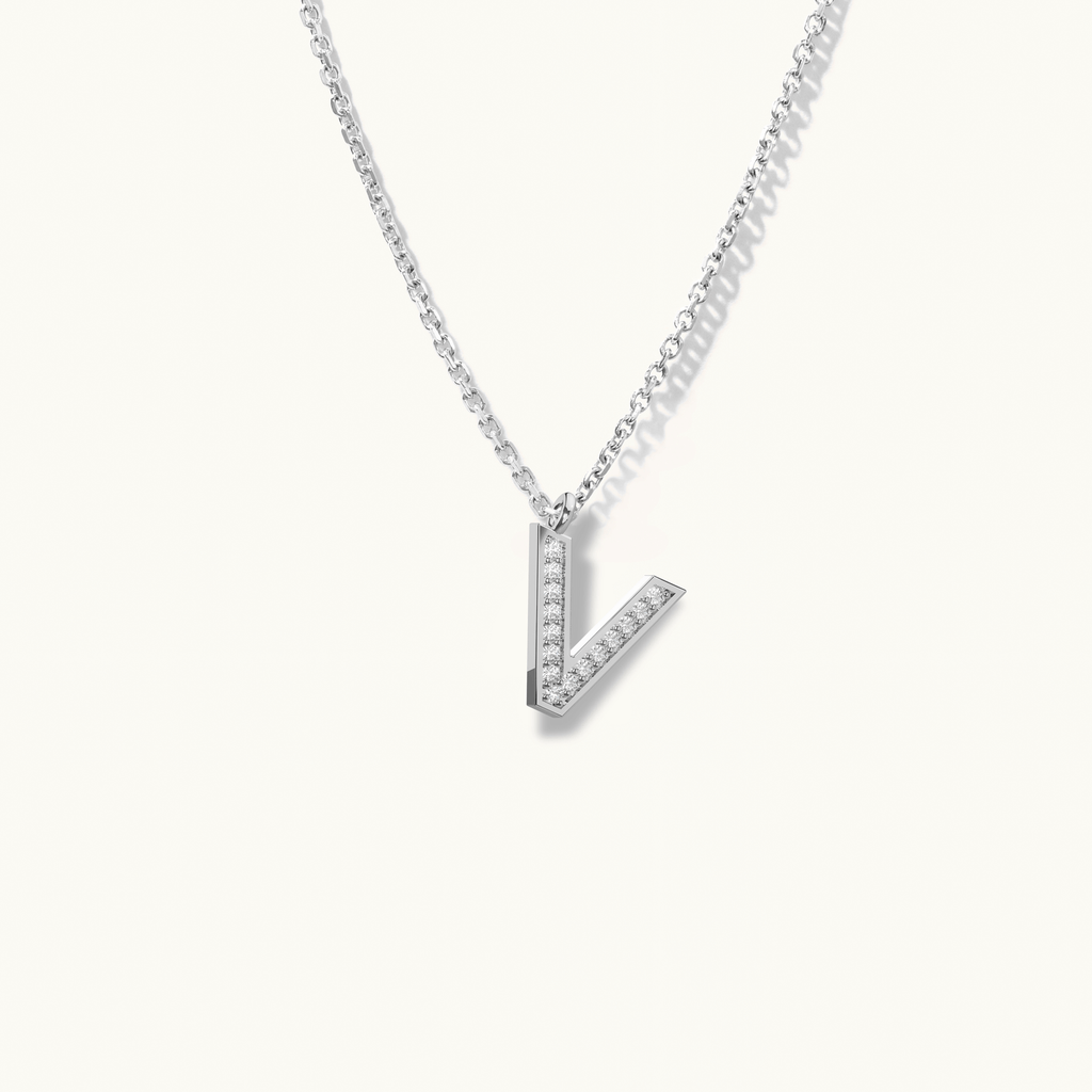 Jewellers District's Initial Diamond Pavé Necklace : V in 14k White Gold