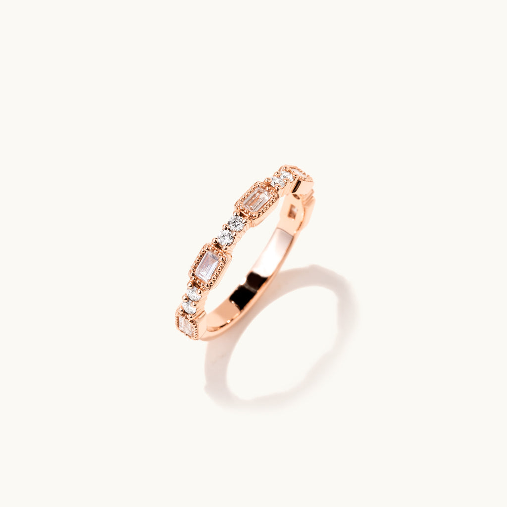 Standing view of Jewellers District's Milgrain Diamond Wedding Ring in 14k Rose Gold