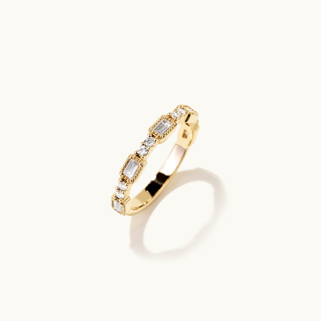 Standing view of Jewellers District's Milgrain Diamond Wedding Ring in 14k Yellow Gold