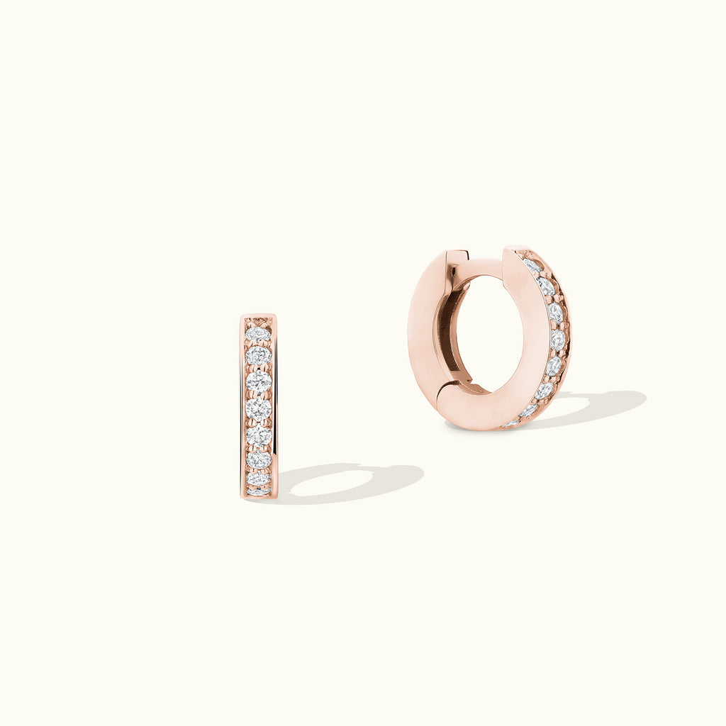 Face view of Jewellers District's Diamond Hoop Earrings with Bright-Cut Setting in 14k Rose Gold